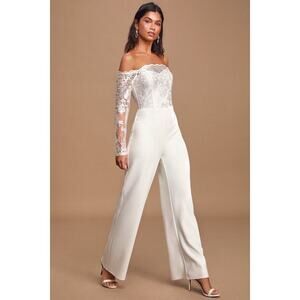 Lulus Carried By Love White Lace Off-the-shoulder Wide-leg Jumpsuit - Size M